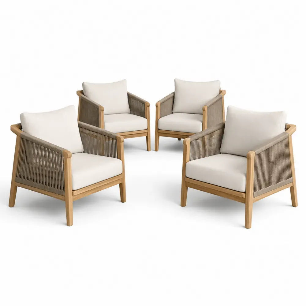 4er-Set Outdoor-Stühle aus Akazienholz und Seilgewebe Beige