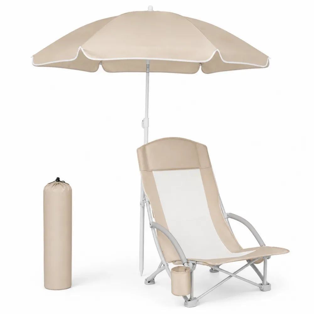 Klappbarer Gartenstuhl mit Sonnenschirm Beige Textil Aluminium