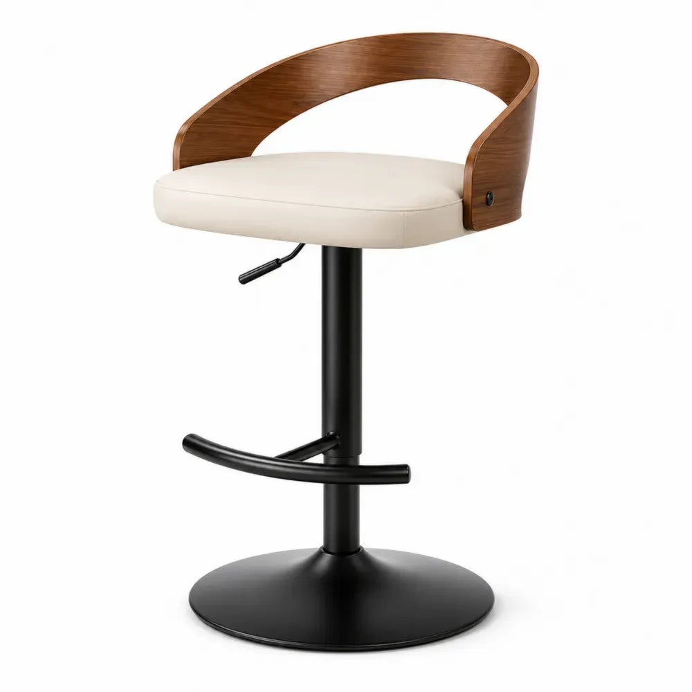 Höhenverstellbarer Barhocker mit Holz- und Kunstlederbezug Creme
