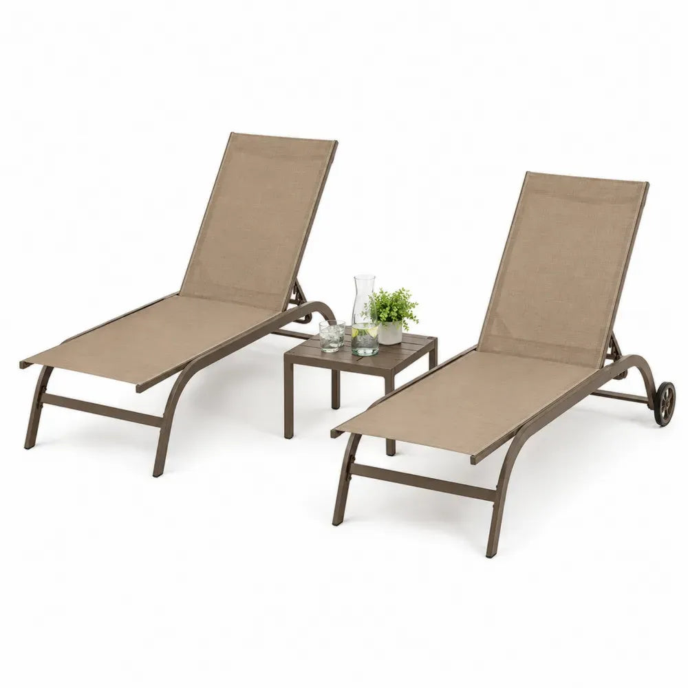 Gartenliegen-Set aus Aluminium mit Tisch und Textilen in Braun
