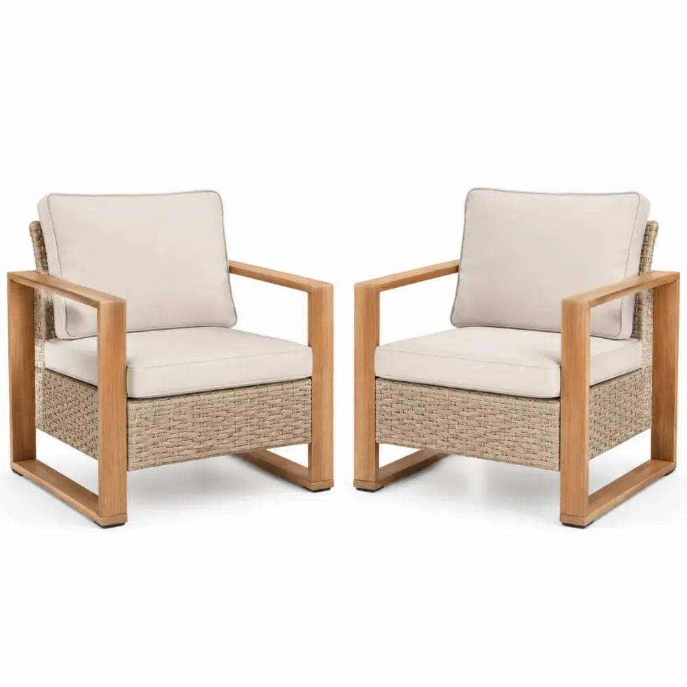 2er Set Sessel mit Holzarmlehnen und Rattan in Beige