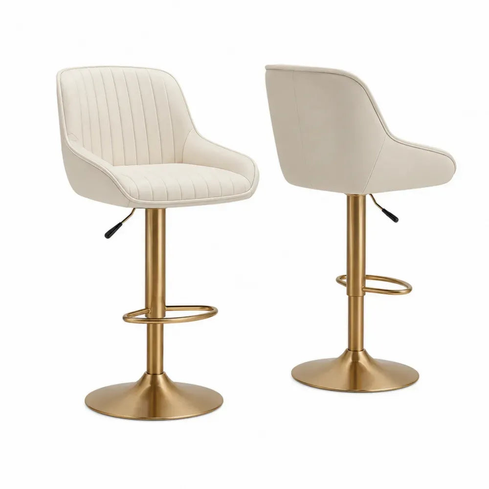 Höhenverstellbares Barhocker-Set mit Kunstleder und Metallbasis in Creme